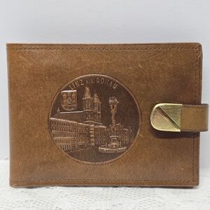 Vintage 50s Austrian Brown Leather Wallet LINZ DONAU Medallion Embossed